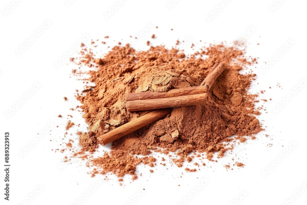 Poster a pile of cinnamon powder and cinnamon sticks on a table or countertop