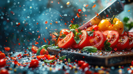 A cutting board full of tomatoes, shallots, garlic, and basil. There is a knife on the board, and some of the tomatoes are cut into slices.