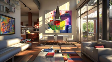 Room with modern decor, including abstract art on the walls and stylish furniture. generative ai