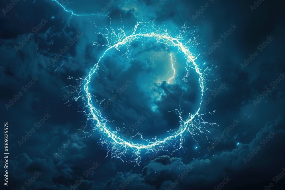 Poster a dramatic scene with a bright lightning circle illuminating the cloudy sky, ideal for weather-relat