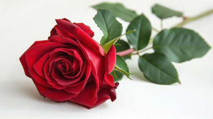 red rose with a few green leaves attached to its stem. The rose is lying down, slightly tilted, with its petals open, revealing its intricate inner structure
