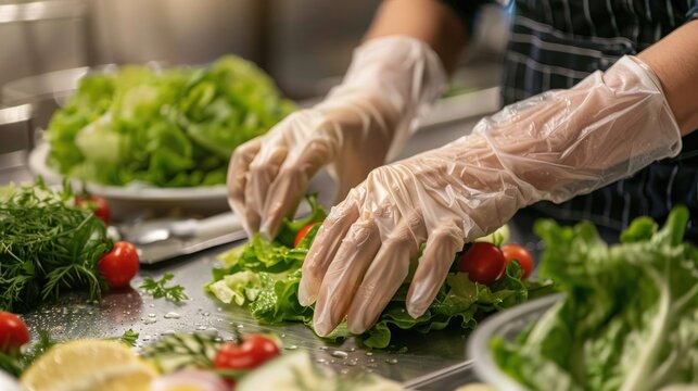 a food handler wearing gloves while preparing a fresh salad, ensuring hygiene and safety. 