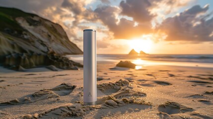 Cacti with many shapes are arranged on the sand with stones beside the lake. Natural skin care beauty product concept with blank label tubes