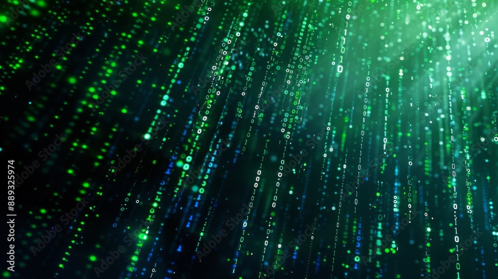 Fototapete A digital rain of green and blue binary code falls against a black background. The code is rendered in a 3D style with a slight blur effect.
