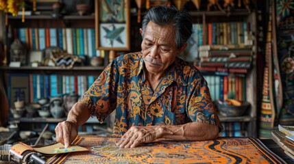 The kite designer is seen working on a traditional kite design, inspired by cultural heritage. The intricate patterns and vibrant colors reflect the rich history and artistry of kite making. Various