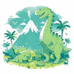 Naklejka premium A whimsical line drawing of a friendly T-Rex and Triceratops playing together