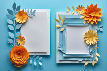 3D render of orange and blue paper flowers, leaves, and frames on a blue background.
