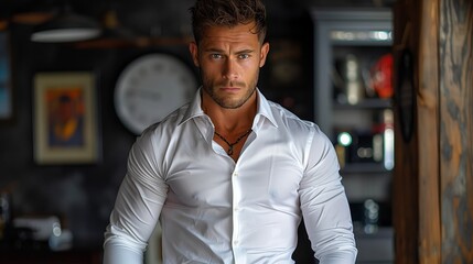 Fototapeta premium A man with short brown hair and a beard wearing a white shirt looks directly at the camera, in a room with dark walls and shelves full of objects