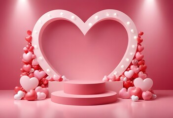 Happy valentines day and stage podium decorated with heart shape. pedestal scene with for product, cosmetic, advertising, show, award ceremony, on pink background and light. vector design.	