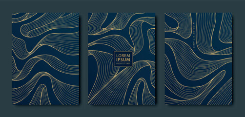 Vector gold wavy backgrounds, abstract luxury cards, golden ribbons on blue. Birthday invitation, wedding, royal brochure, poster, business card.