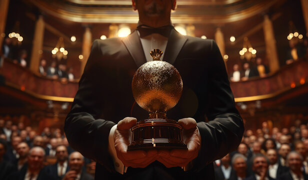 Man in tuxedo holds gold globe trophy, audience applauds. Generative AI