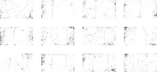 Overlay textures set stamp with grunge effect. Old damage Dirty grainy and scratches. Set of different distressed black grain texture. Distress overlay vector textures.	