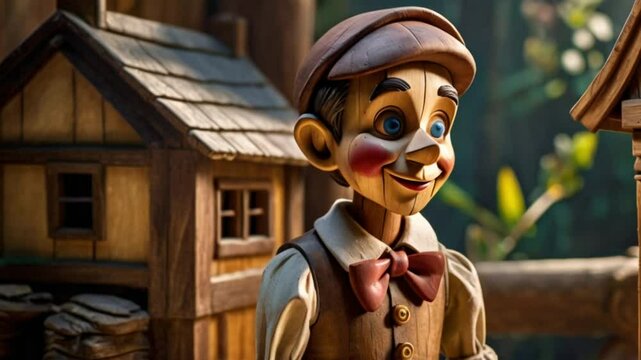 Pinocchio, a wooden puppet, stands tall in a beautiful scene. His carved features look almost real, with detailed joints and woodgrain. The painting captures the essence of a fairy tale character.