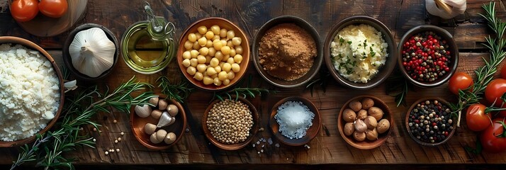 Wooden Bowls of Spices, Herbs, and Other Ingredients for Cooking on a Rustic Wooden Table - Illustration