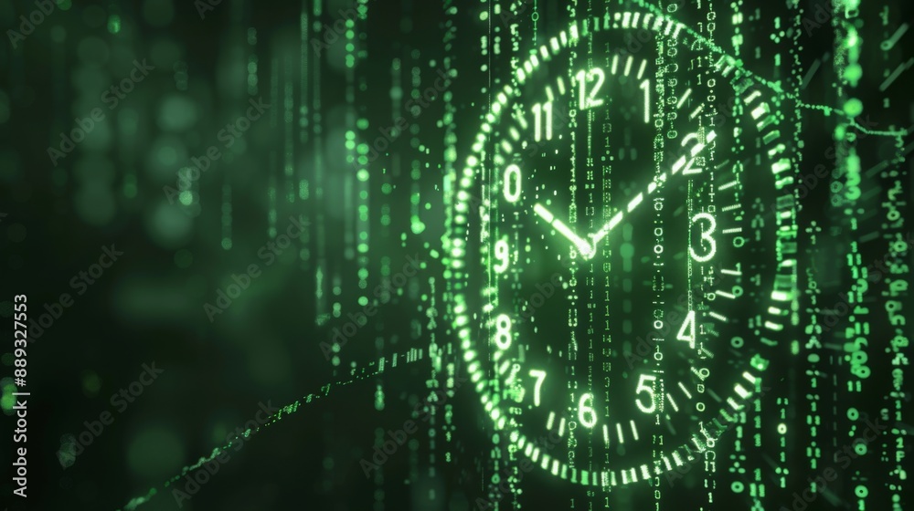 Aufkleber A glowing green clock face with Roman numerals and hands is surrounded by cascading digital binary code.
