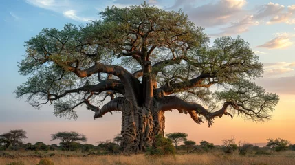 Fotobehang Stately baobab bonsai tree with thick trunk in an African savannah © Budi