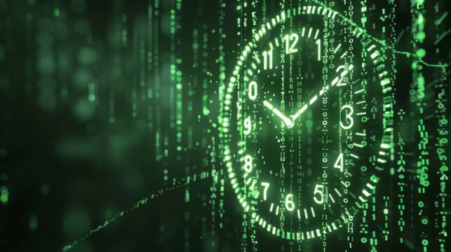 A glowing green clock face with Roman numerals and hands is surrounded by cascading digital binary code.