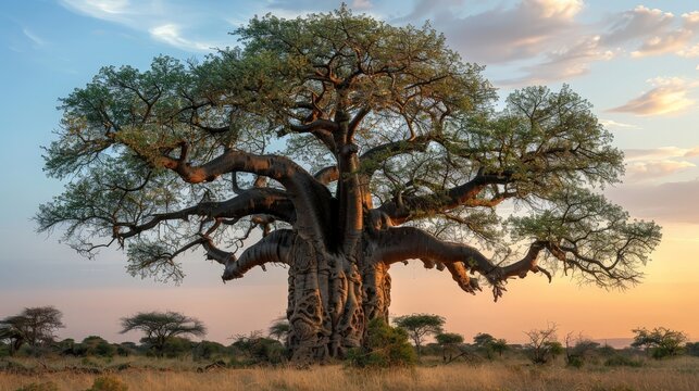 Stately baobab bonsai tree with thick trunk in an African savannah