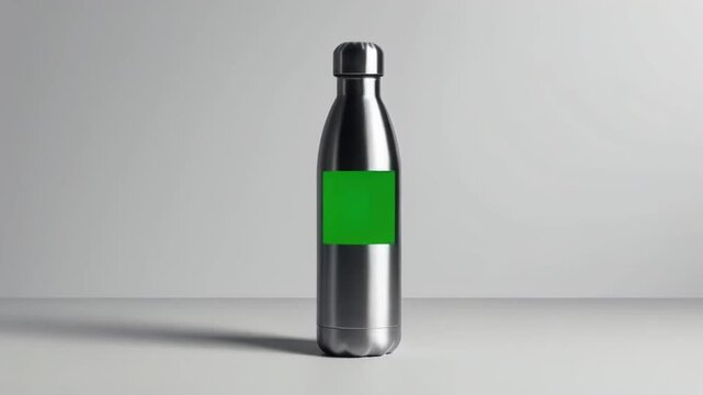 A stainless steel water bottle with a green screen patch, placed on a clean background, ideal for product branding and environmental awareness mockups.