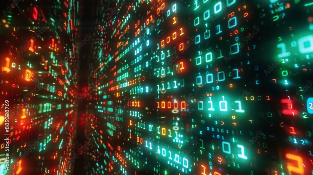 Poster A digital wall displays a dynamic pattern of binary code in glowing green, orange, and red lights.
