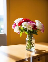 Vibrant Flower Arrangement in a Glass Vase on a Wooden Table