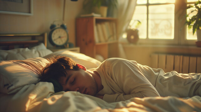 Young man asleep in bed in the morning, nearby there is a classic alarm clock on the table, Ai Generated Images
