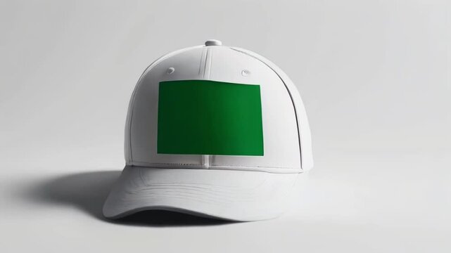 A white baseball cap with a green screen patch on the front, set against a clean background, ideal for branding and fashion mockups.