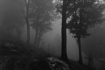Fototapeta premium Spooky Foggy Forest - A Mystical Night in the Dark Woods