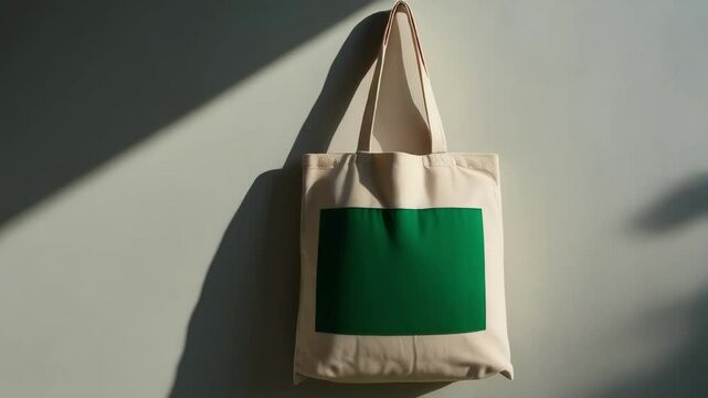 A beige canvas tote bag with a green screen on the front, hanging against a neutral wall, perfect for branding and product mockups.
