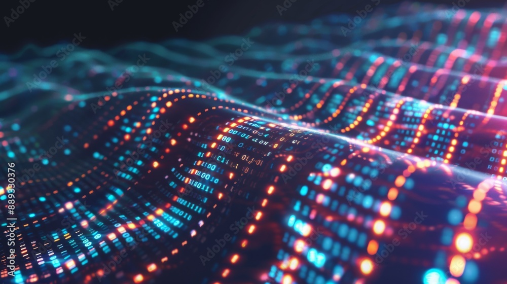 Poster A digital wave of binary code with glowing blue and orange lights.