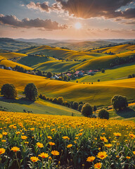 Fototapeta premium A picturesque view of rolling hills covered with blooming flowers under a golden sunset 