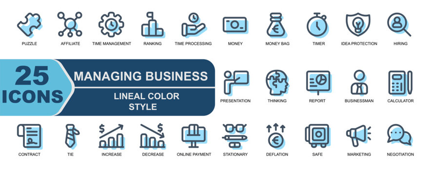 management business icon collection.lineal color style.filled line.marketing,announcement,chat,negotiation,imagination,thinking,report,result,businessman,calculator,contract.
