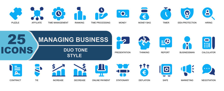 icon set management.business icon.duo tone style. contians riddle,network,affiliate,time management,develop,ranking,time processing,money,profit,money bag,treasury,timerbank,marketing.