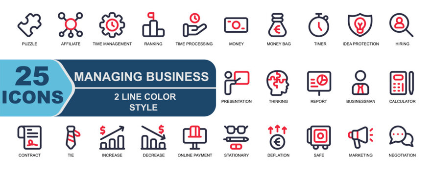 business management icon collection.style 2 line color.contains working time,idea protection,hiring,employee,meeting,loss,decrease,online payment,stationary,deflation.

