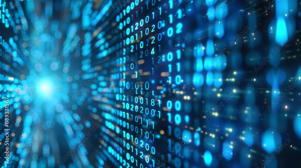 Fototapete A digital background with a blur effect, showcasing rows of glowing blue binary code.