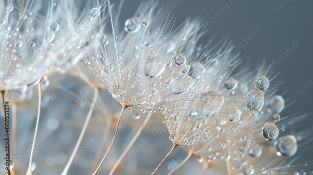 Poster Dew on a delicate dandelion seed head, with droplets clinging to the fluffy seeds.