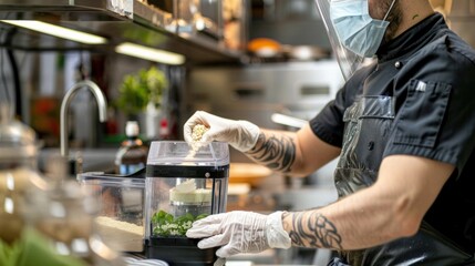 A chef wearing gloves and a mask, carefully placing ingredients into a food processor in a sanitized kitchen.