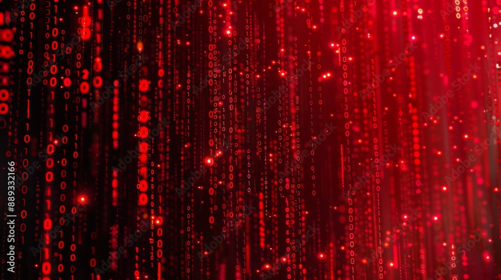 Fototapete Red binary code streams down a dark background, creating a glowing, digital effect.