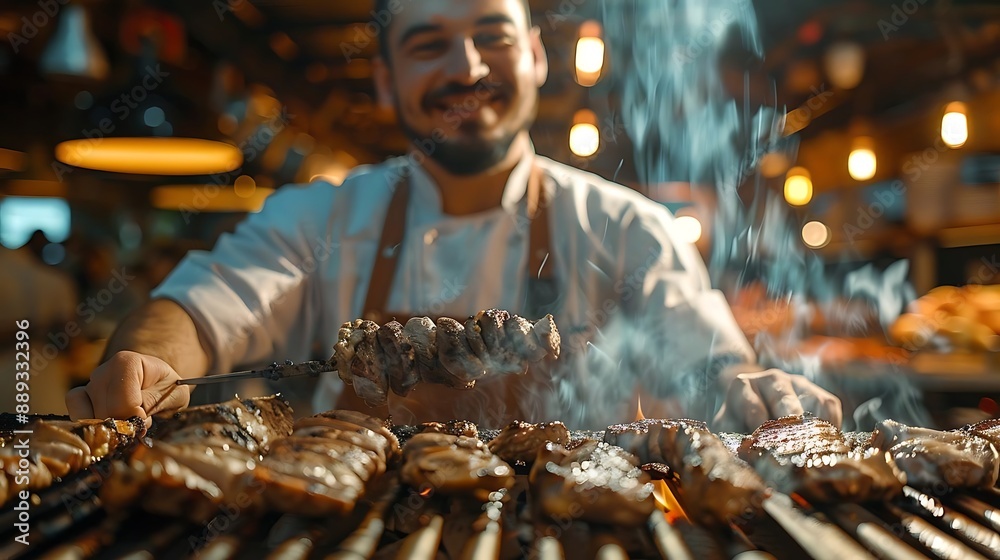 Poster close up photo of grilled mushrooms on a grill with a chef in the background