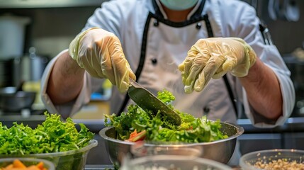 A chef wearing a mask and gloves, preparing a fresh salad in a sanitized kitchen.