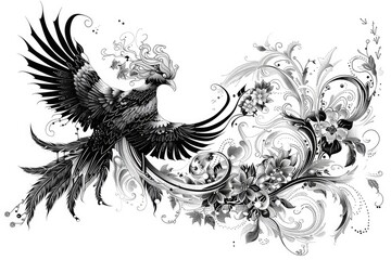 Tattoo art of a phoenix, bold black lines, traditional style, intricate details, classic tattoo aesthetics, monochrome
