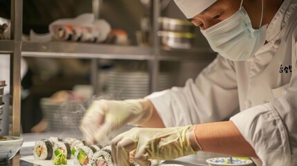 A chef wearing a mask and gloves while preparing sushi, highlighting the importance of food safety in raw food handling. High-definition, hygiene, raw food preparation, kitchen safety, sushi making