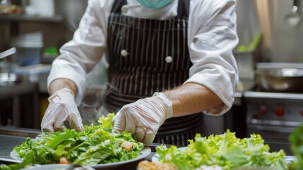 A chef wearing a mask and gloves, preparing a fresh salad in a sanitized kitchen.