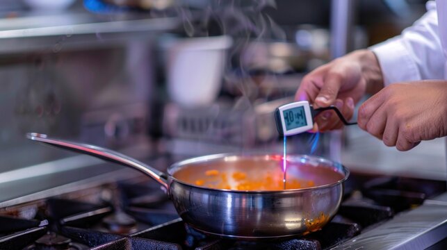 A chef using a digital thermometer to check the temperature of a sauce pan on a stove, ensuring proper cooking.