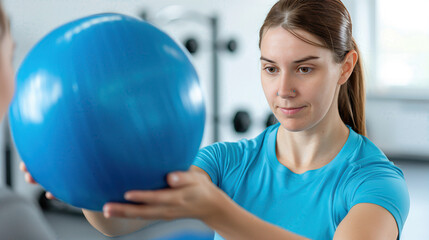 Fototapeta premium A woman is holding a blue ball in her hand