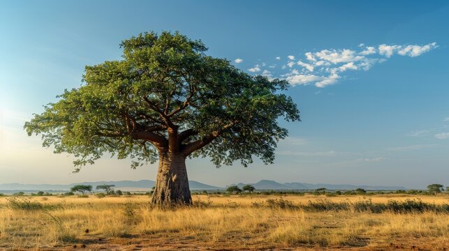 Stately baobab bonsai tree with thick trunk in an African savannah