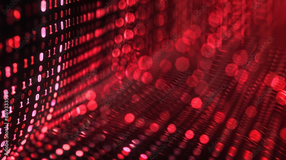 Poster A close-up shot of a screen displaying red binary code with out-of-focus bokeh lights.