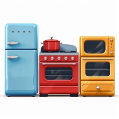 Obraz premium Simple vector icon illustration of a 3D-rendered refrigerator, stove, and microwave grouped at the center, representing essential appliances for a modern kitchen setup, isolated on a white background