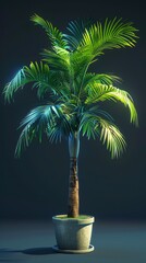 Obraz premium A solo potted palm casts shadows at night
