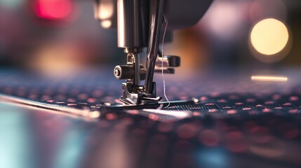 AI generator image of sewing machine sewing with mesh fabric,Working part of antique sewing machine. Selective focus on spool of thread, metal shuttle and sewing needles